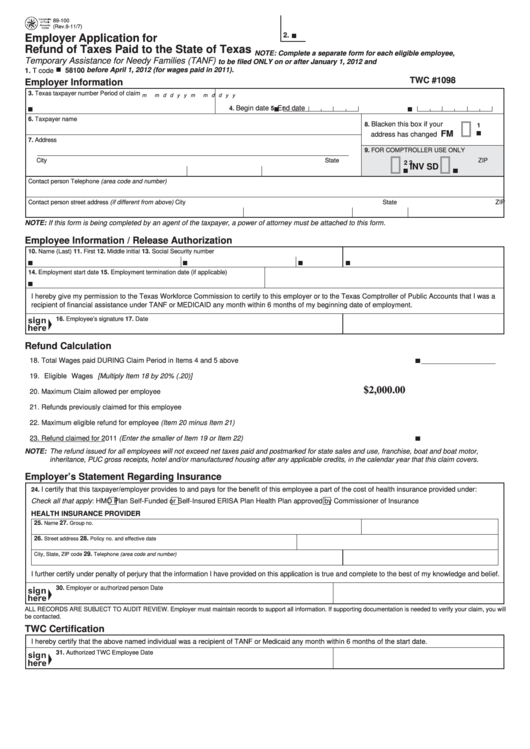 Fillable Refund Of Taxes Paid To The State Of Texas printable pdf download
