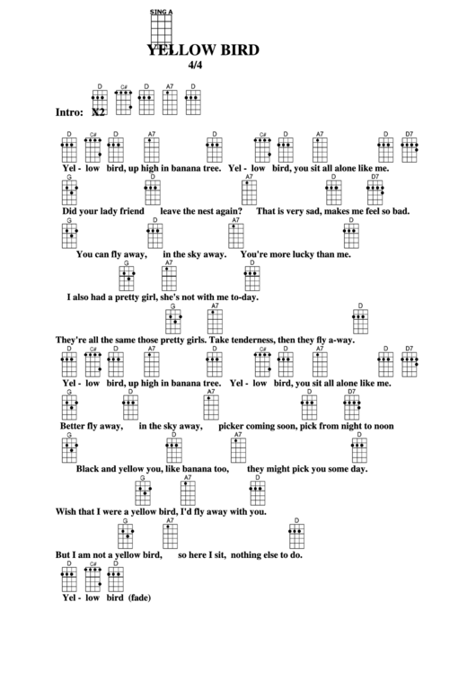 Chord Chart Yellow Bird printable pdf download