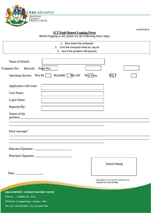 Fault Reporting Form printable pdf download