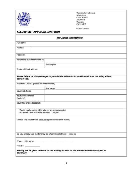 Allotment Application Form printable pdf download