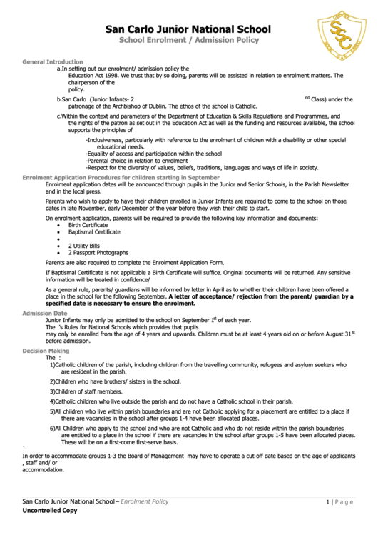 School Enrolment / Admission Policy printable pdf download