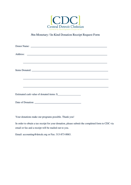 In Kind Donation Receipt Request Form printable pdf download