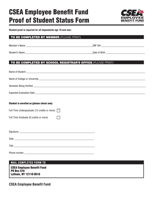 Csea Employee Benefit Fund Proof Of Student Status Form printable pdf