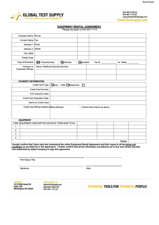 Fillable Equipment Rental Agreement Global Test Supply printable pdf