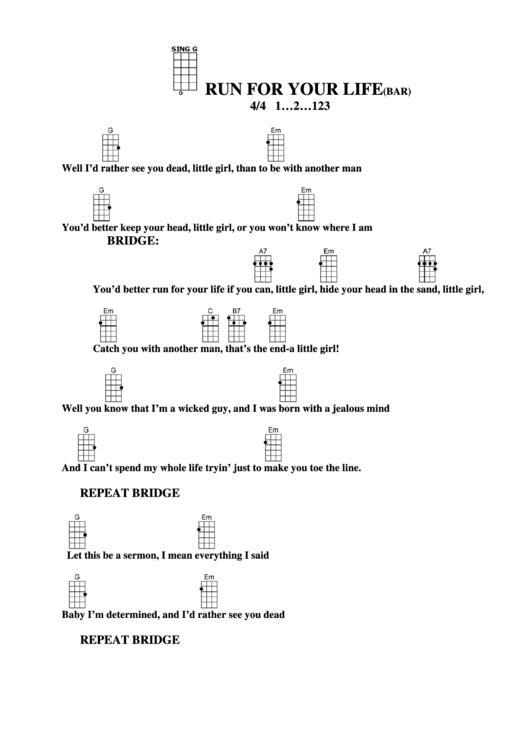 Run For Your Life (Bar) Chord Chart printable pdf download
