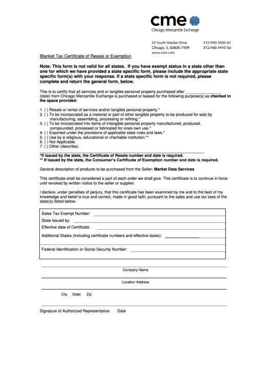 Tax Certificate Of Resale Or Exemption printable pdf download