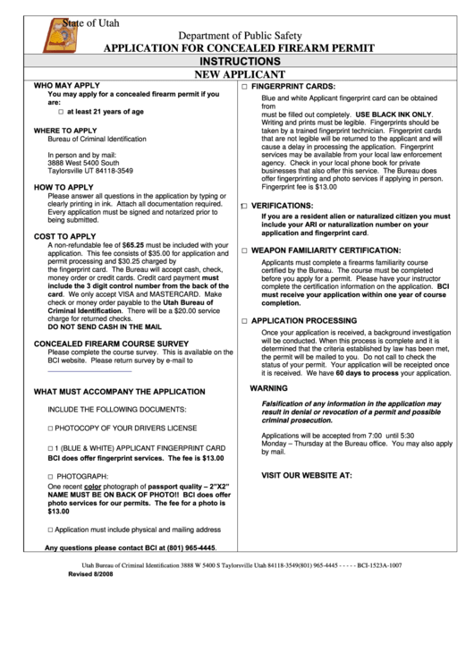 Application For Concealed Firearm Permit State Of Utah printable pdf