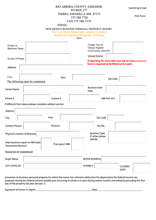 New Mexico Business Personal Property Report Form 2014 printable pdf