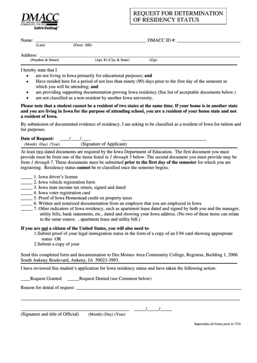 Request For Determination Of Residency Status printable pdf download