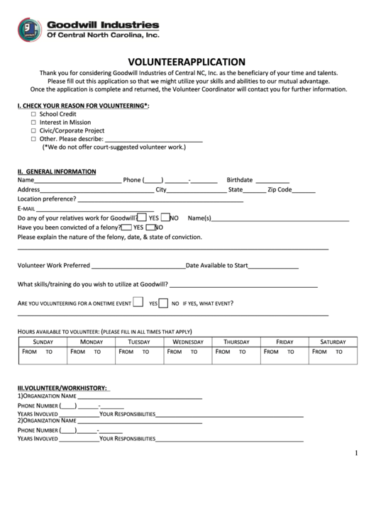 Volunteer Application Goodwill printable pdf download