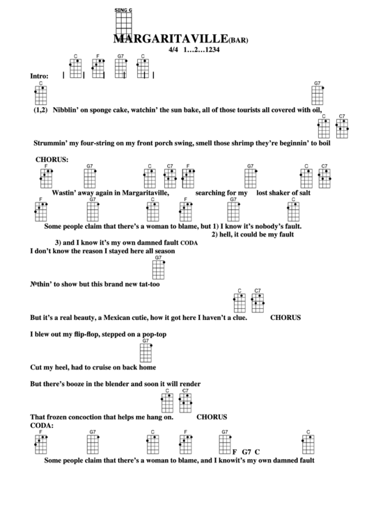 Chord Chart Margaritaville (Bar) printable pdf download