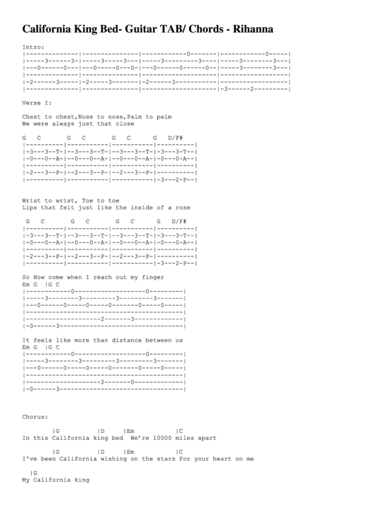 California King Bed Guitar Tab Chords (Rihanna) printable pdf download