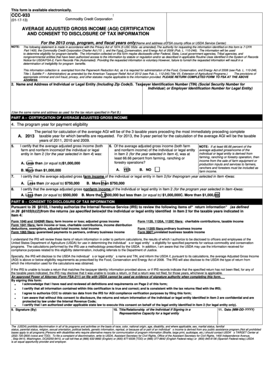 Fillable Ccc 933 Average Adjusted Gross (Agi) Certification And