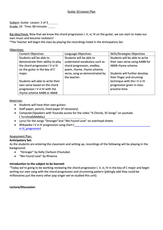 Guitar 10 Grade Lesson Plan printable pdf download