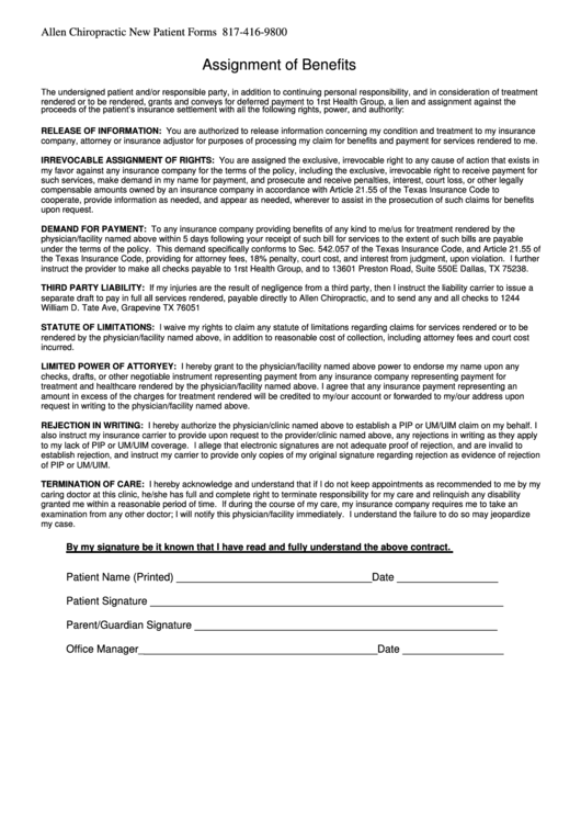 Assignment Of Benefits Allen Chiropractic printable pdf download