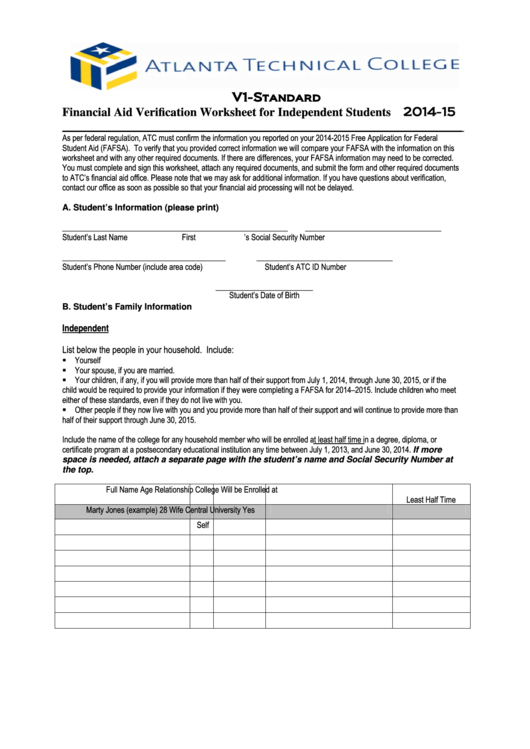 V1Standard Financial Aid Verification Worksheet For Independent Students printable pdf download