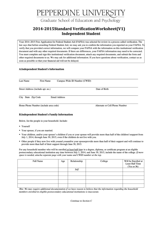 Fillable 20142015 Standard Verification Worksheet