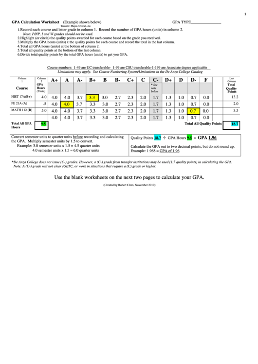 Gpa Calculation Worksheet printable pdf download