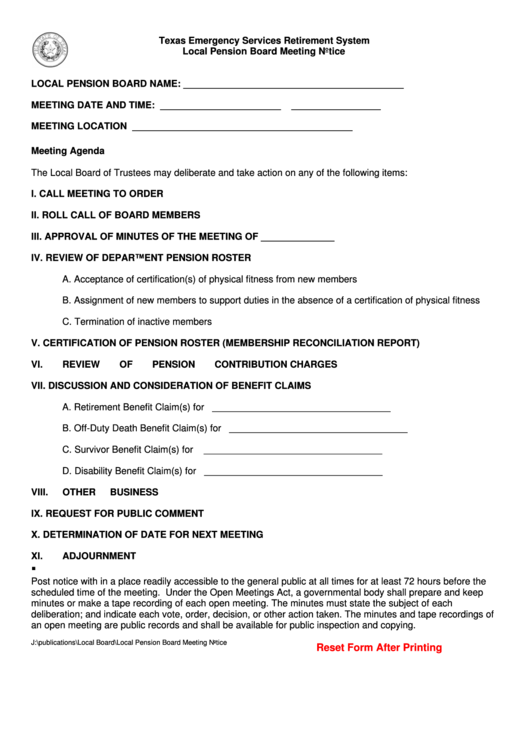 Fillable Local Pension Board Meeting Notice Template Texas Emergency