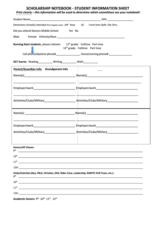 Fillable Scholarship Notebook Student Information Sheet printable pdf