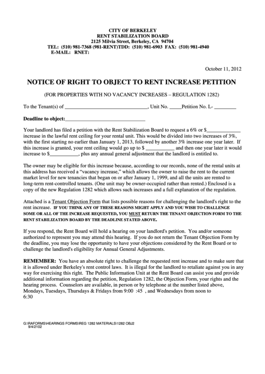 City Of Berkeley Notice Of Right To Object To Rent Increase Petition printable pdf download