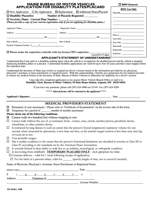 Form Ps18 Application For Disability Plates/placard printable pdf