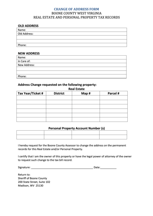 Change Of Address Form Boone County Sheriffs Tax Office printable pdf