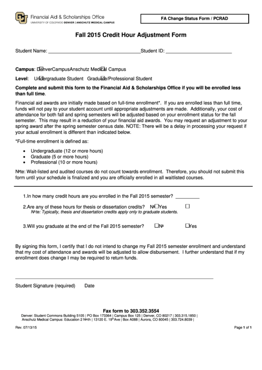 Fillable Fall 2015 Credit Hour Adjustment Form printable pdf download
