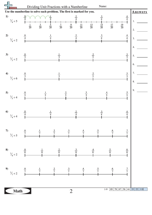 Dividing Unit Fractions With A Numberline Worksheet With Answer Key