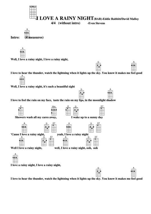 I Love A Rainy Night (Bar) Eddie Rabbitt/david Malloy Chord Chart