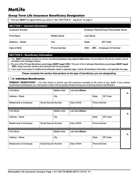 Fillable Form GrTrBeneMet2 Metlife Group Term Life Insurance