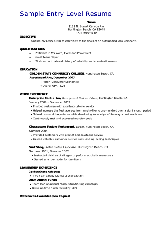 Sample Entry Level Resume printable pdf download