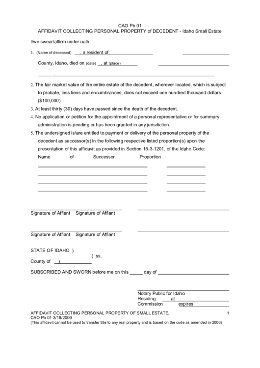 Fillable Affidavit Collecting Personal Property Of Decedent printable