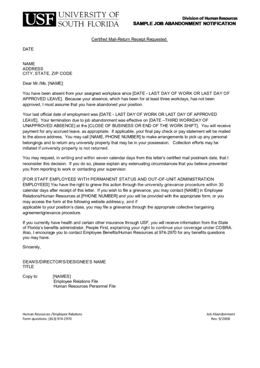 Usf Sample Job Abandonment Notification printable pdf download
