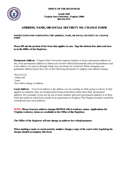 Va Uni Address, Name, Or Social Security No. Change Form printable pdf