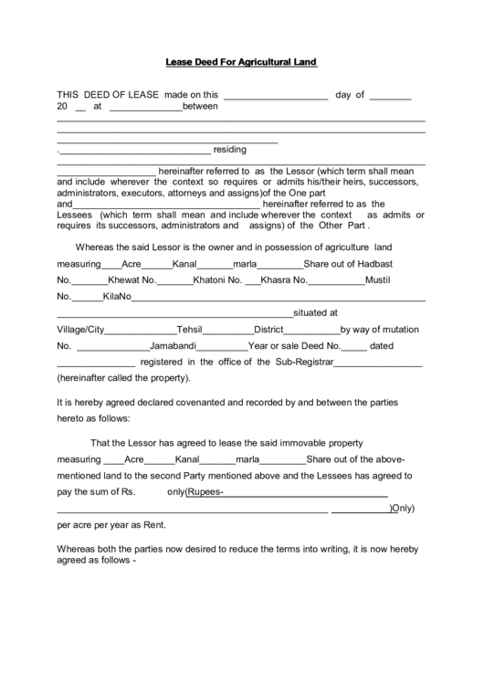 Lease Deed For Agricultural Land printable pdf download