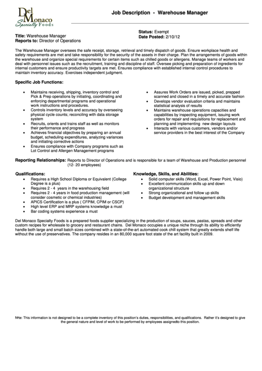 Job Description Warehouse Manager printable pdf download