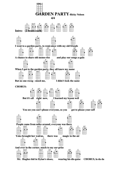 Garden Party Ricky Nelson Chord Chart printable pdf download