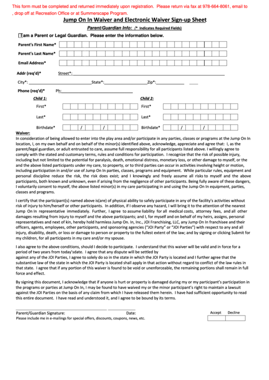 Jump On In Waiver And Electronic Waiver SignUp Sheet printable pdf