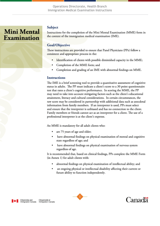 Mini Mental Examination Et Immigration Canada printable