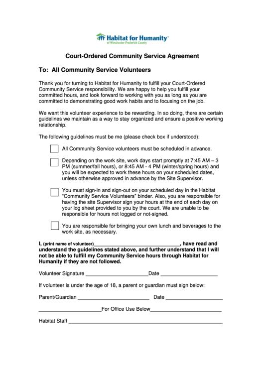 Habitat For Humanity CourtOrdered Community Service Agreement