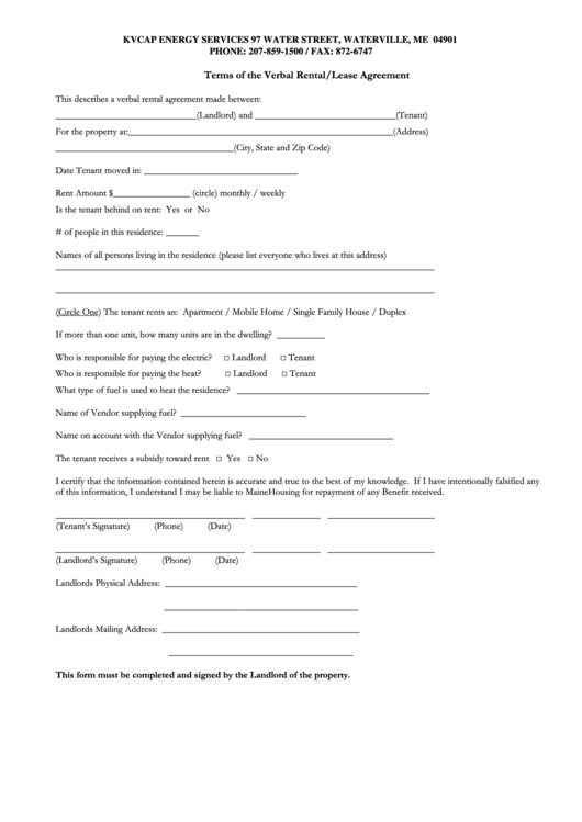 Terms Of The Verbal Rental/lease Agreement printable pdf download