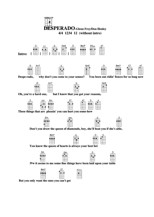 Desperado Glenn Frey/don Henley Chord Chart printable pdf download