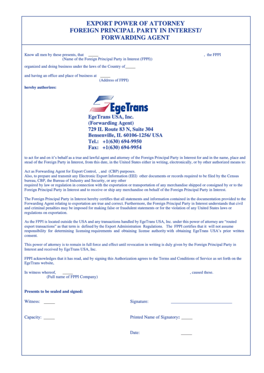 Export Power Of Attorney printable pdf download