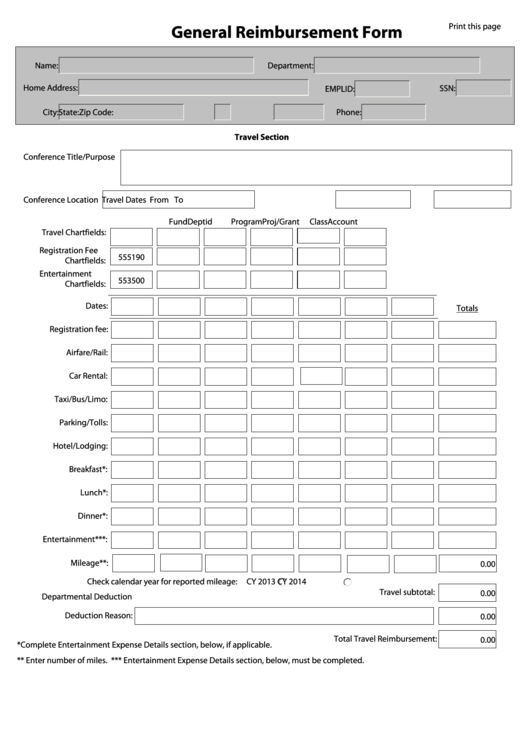 Fillable General Reimbursement Form printable pdf download