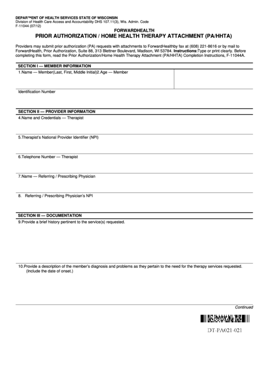 Fillable Prior Authorization / Home Health Therapy Attachment (Pa/hhta