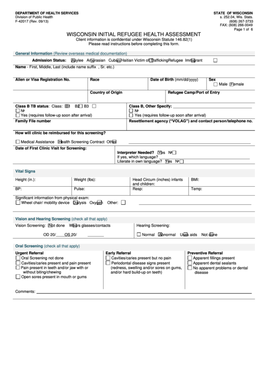 Wisconsin Initial Refugee Health Assessment printable pdf download