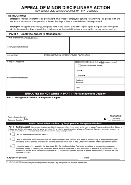 Fillable Appeal Of Minor Disciplinary Action printable pdf download