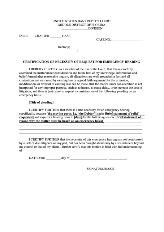 Certification Of Necessity Of Request For Emergency Hearing printable
