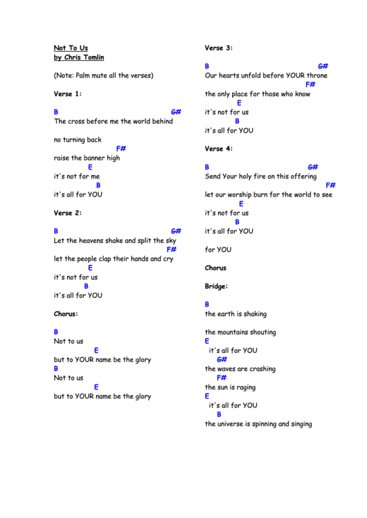 Not To Us By Chris Tomlin Worship Chord Chart printable pdf download